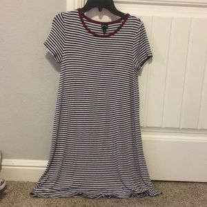 Black and white stripe dress with maroon collar